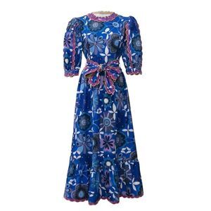 CeliaB Merapi Belted Puff Sleeve Corduroy Print Midi Dress Blue Women’s Size XL